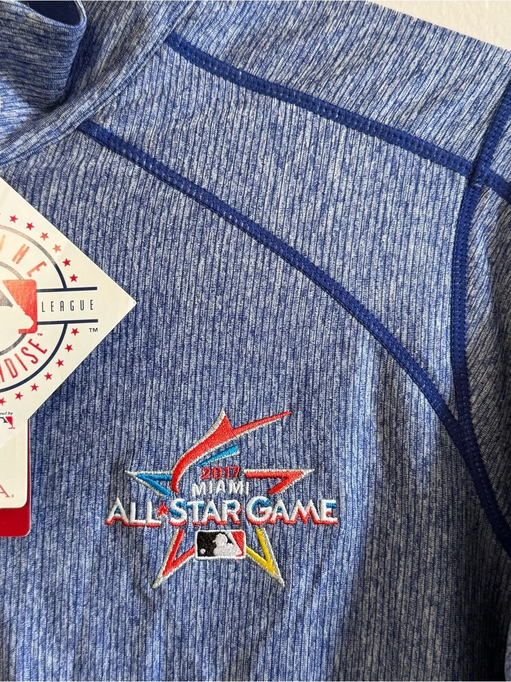Antigua Blue Heather Quarter-Zip Pullover Miami MLB All-Star Logo Mens Size XL